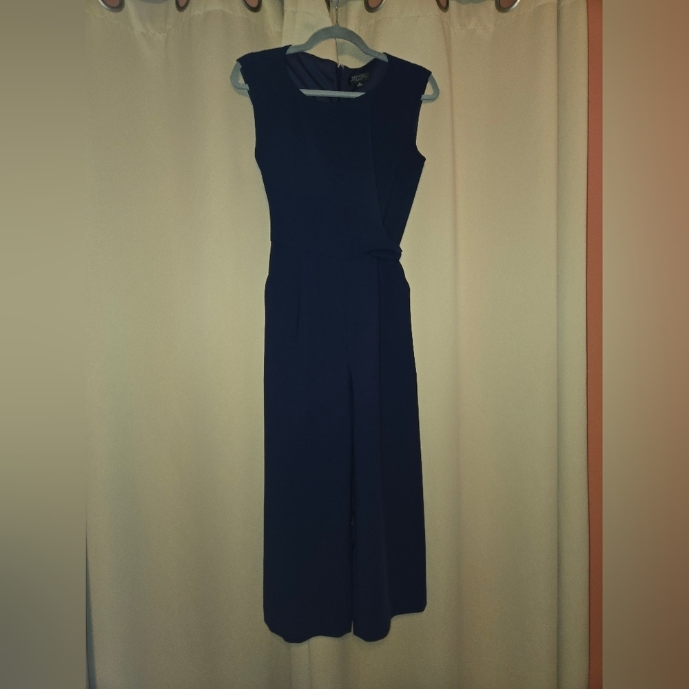Tahari Sleeveless Side Tie Cropped Wide Leg Jumpsuit Navy Blue Size 6 Petite